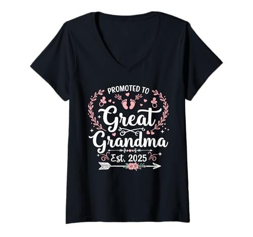 Damen Promoted to Great Grandma Est. 2025 Pregnancy Reveal T-Shirt mit V-Ausschnitt Damen Promoted to Great Grandma Est. 2025 Pregnancy Reveal T-Shirt mit V-Ausschnitt von Expecting Grandchild Family Announcement 2025