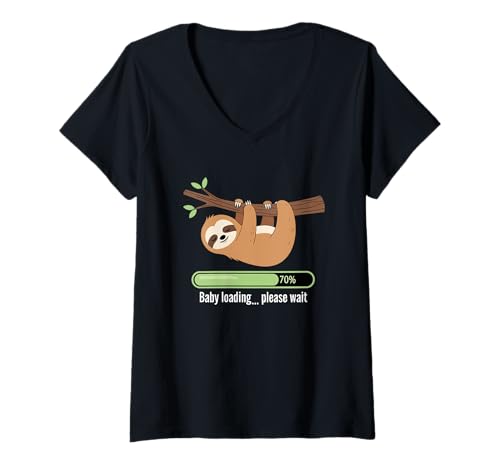 Damen Baby Loading Please Wait Faultier Humor T-Shirt mit V-Ausschnitt von Expecting Parents Pregnancy Journey