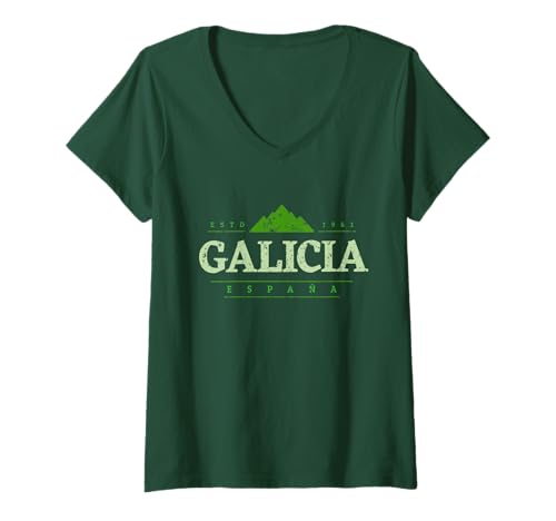 Damen Galicia España | Retro Galicien Spanien Mountaintop T-Shirt mit V-Ausschnitt von Expedition España