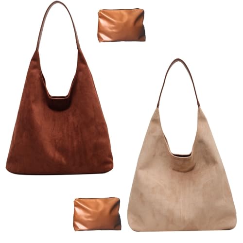 Schokobraune Wildledertasche, Wildleder Slouchy Schultertasche Für Damen, Weiche Leder Hobo Tote Handtasche(2pcs~A) von Explcior