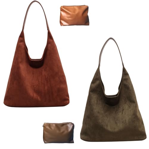 Schokobraune Wildledertasche, Wildleder Slouchy Schultertasche Für Damen, Weiche Leder Hobo Tote Handtasche(2pcs~B) von Explcior