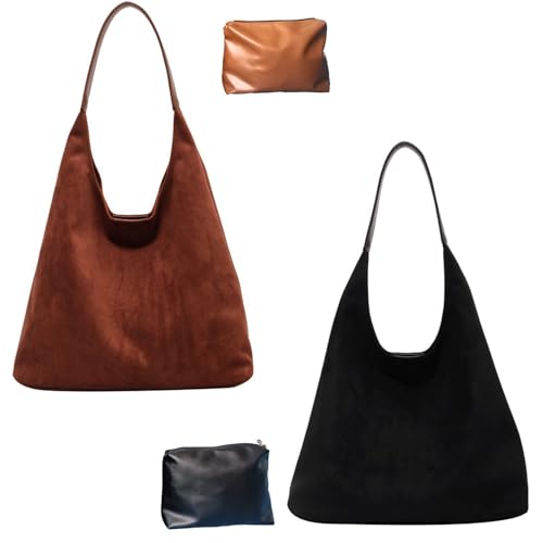 Schokobraune Wildledertasche, Wildleder Slouchy Schultertasche Für Damen, Weiche Leder Hobo Tote Handtasche(2pcs~D) von Explcior