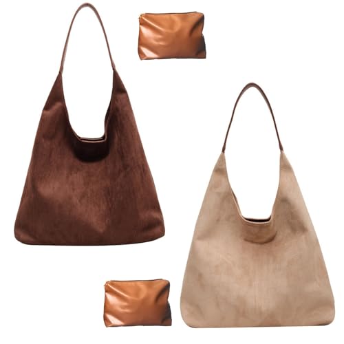 Schokobraune Wildledertasche, Wildleder Slouchy Schultertasche Für Damen, Weiche Leder Hobo Tote Handtasche(2pcs~H) von Explcior