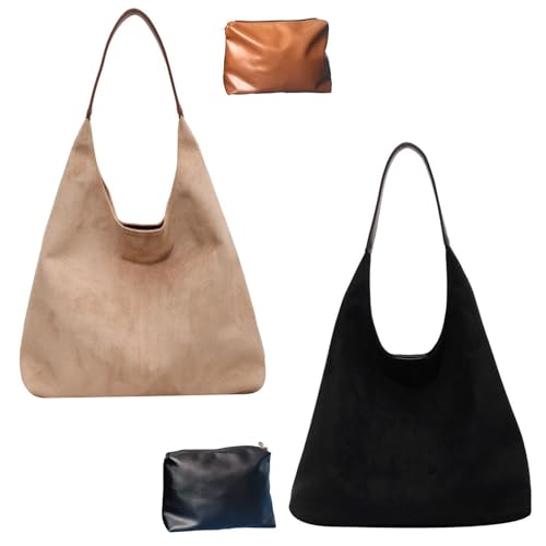 Schokobraune Wildledertasche, Wildleder Slouchy Schultertasche Für Damen, Weiche Leder Hobo Tote Handtasche(2pcs~K) von Explcior
