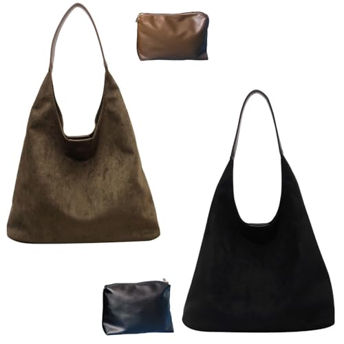 Schokobraune Wildledertasche, Wildleder Slouchy Schultertasche Für Damen, Weiche Leder Hobo Tote Handtasche(2pcs~L) von Explcior