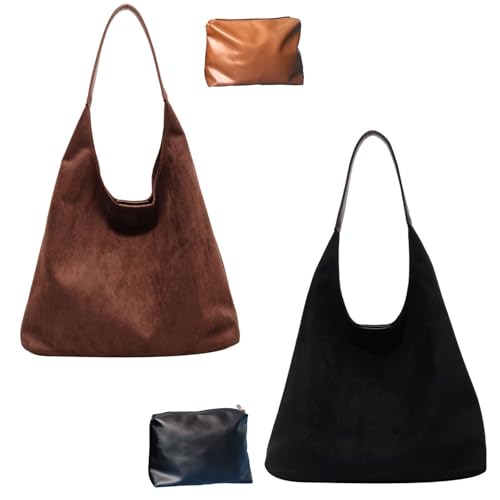 Schokobraune Wildledertasche, Wildleder Slouchy Schultertasche Für Damen, Weiche Leder Hobo Tote Handtasche(2pcs~M) von Explcior