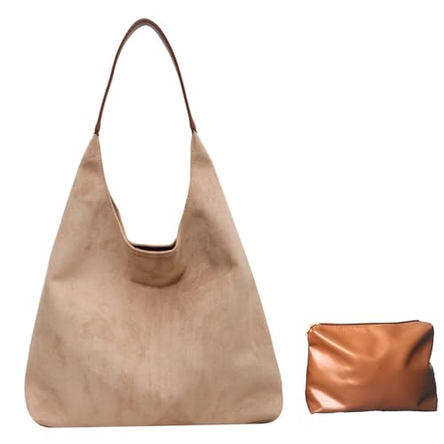 Schokobraune Wildledertasche, Wildleder Slouchy Schultertasche Für Damen, Weiche Leder Hobo Tote Handtasche(Beige) von Explcior