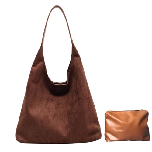 Schokobraune Wildledertasche, Wildleder Slouchy Schultertasche Für Damen, Weiche Leder Hobo Tote Handtasche(Coffee) von Explcior