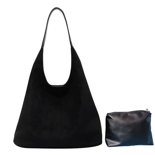 Schokobraune Wildledertasche, Wildleder Slouchy Schultertasche Für Damen, Weiche Leder Hobo Tote Handtasche(Schwarz) von Explcior