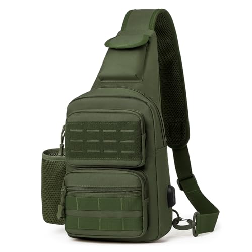 Explokit Taktisch Sling Rucksack Militär Schultertasche MOlle Survival Taktischer Rucksack Crossbody Umhängetasche mit Wasserflaschenhalter für Trekking Camping Reisen Jagd (#01-Army Grün) von Explokit