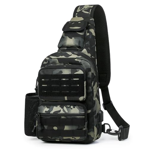 Explokit Taktisch Sling Rucksack Militär Schultertasche MOlle Survival Taktischer Rucksack Crossbody Umhängetasche mit Wasserflaschenhalter für Trekking Camping Reisen Jagd (#01-Camo Schwarz) von Explokit