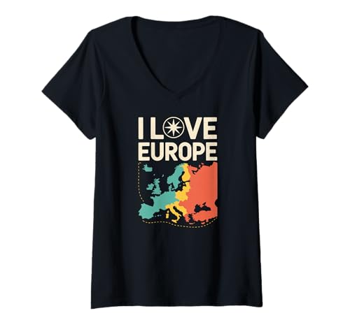 Damen Kompass-Design I Love Europa T-Shirt mit V-Ausschnitt Damen Kompass-Design I Love Europa T-Shirt mit V-Ausschnitt von Explore Europe Travel Adventure Map