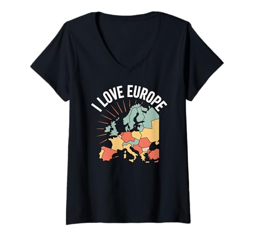 Damen Ich Liebe Europe Map Adventure T-Shirt mit V-Ausschnitt Damen Ich Liebe Europe Map Adventure T-Shirt mit V-Ausschnitt von Explore Europe Travel Enthusiast