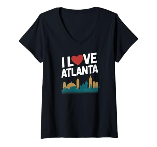 Damen Ich Liebe Atlanta Skyline Heartbeat Connection T-Shirt mit V-Ausschnitt Damen Ich Liebe Atlanta Skyline Heartbeat Connection T-Shirt mit V-Ausschnitt von Exploring Atlanta City Vibes with Love