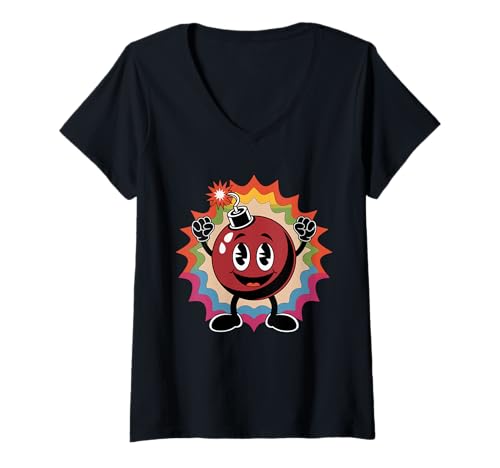 Damen Happy Cartoon Bomb Regenbogen Hintergrund T-Shirt mit V-Ausschnitt Damen Happy Cartoon Bomb Regenbogen Hintergrund T-Shirt mit V-Ausschnitt von Explosive Vibe Cartoon Fun Colors Blast