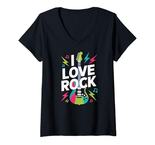 Damen I Love Rock Vibrant E-Gitarre Design T-Shirt mit V-Ausschnitt Damen I Love Rock Vibrant E-Gitarre Design T-Shirt mit V-Ausschnitt von Express Your Passion For Rock Music With Electric