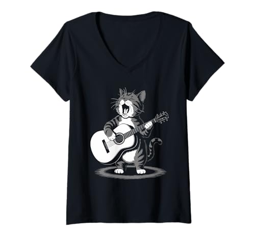 Damen Singende Katze Gitarre Lustiges Musiker Tier Humor Nische T-Shirt mit V-Ausschnitt Damen Singende Katze Gitarre Lustiges Musiker Tier Humor Nische T-Shirt mit V-Ausschnitt von Expressive Cat Illustration Music Lover Humor Art