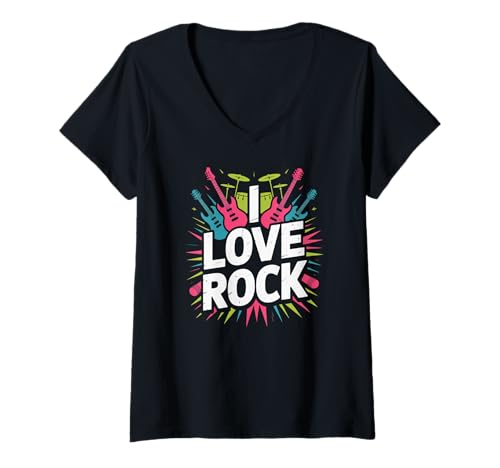 Damen Ich Liebe Rock Lebendiges Gitarrenschlagzeug T-Shirt mit V-Ausschnitt Damen Ich Liebe Rock Lebendiges Gitarrenschlagzeug T-Shirt mit V-Ausschnitt von Expressive Rock Music Enthusiasts
