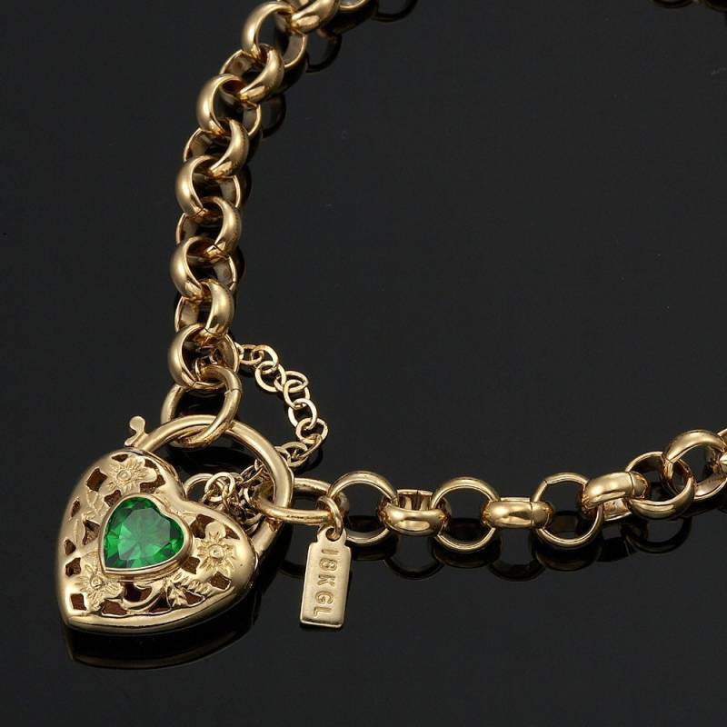 18K Gl Solid Belcher Gelbgold Armband Mit Filigranem Herzvorhängeschloss & Smaragdgrünem Farbigem Edelstein von ExquisiteGold