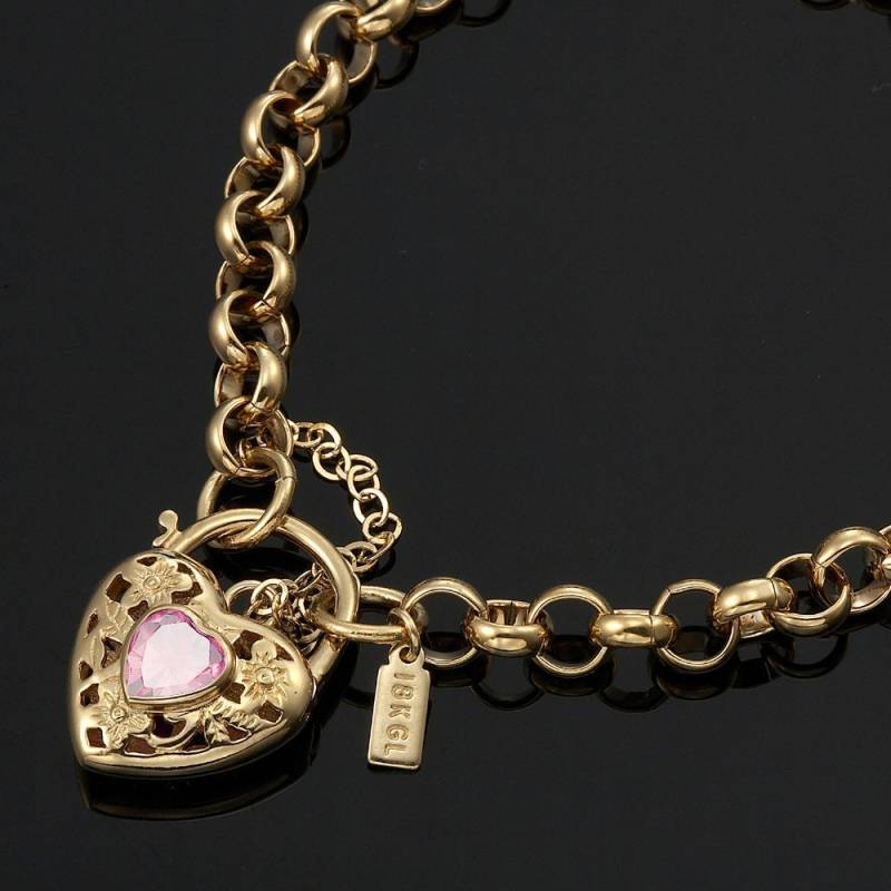18K Gl Solid Belcher Gelbgold Armband Mit Filigranem Herzvorhängeschloss & Rose Pink Farbigen Edelstein von ExquisiteGold