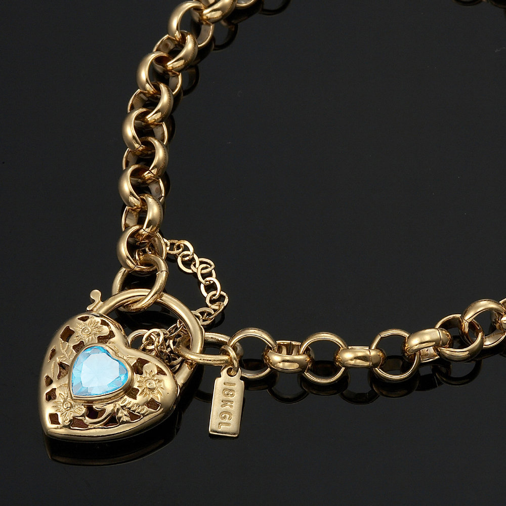 18K Gl Solid Belcher Gelbgold Armband Mit Filigranem Herzvorhängeschloss & Topazblauer Farbe Gem 18K Gl Solid Belcher Gelbgold Armband Mit Filigranem Herzvorhängeschloss & Topazblauer Farbe Gem von ExquisiteGold