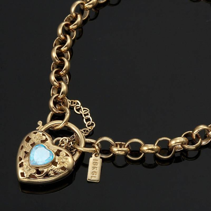 18K Gl Solid Belcher Gelbgold Armband Mit Filigranem Herzvorhängeschloss & Topazblauer Farbe Gem von ExquisiteGold
