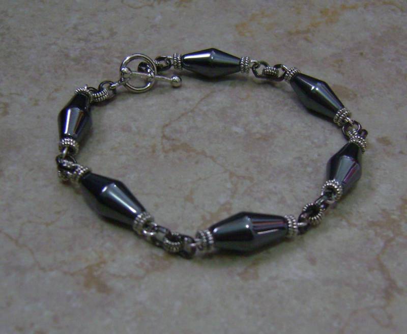 Herren Hämatit Bi-Kegel Stein Perlen Silberkette Verknüpfte Armband von ExternalDesigns