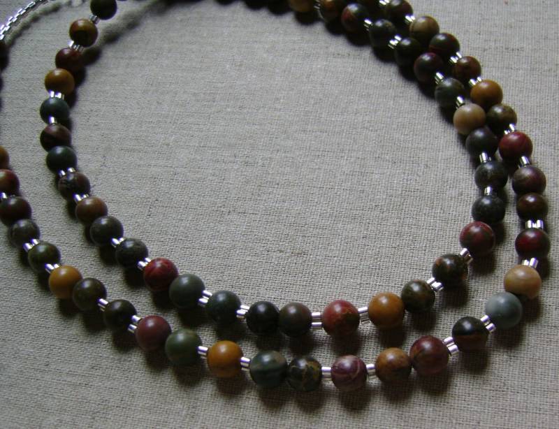 Sterling Silber Picasso Jaspis Stein Perlen Halskette Lange Single Oder Double Layer von ExternalDesigns