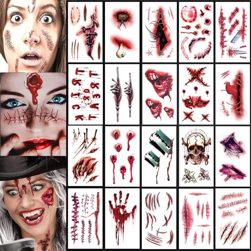 Narben Tattoo Halloween, 20 Bogen Realistisch Fake Wunden zum Aufkleben, Zombie Vampir Hexen Horror Narben Wunden Gruselig Gesichtstattoo, Erwachsene Kinder Fasching Schminke Accessoires Narben Tattoo Halloween, 20 Bogen Realistisch Fake Wunden zum Aufkleben, Zombie Vampir Hexen Horror Narben Wunden Gruselig Gesichtstattoo, Erwachsene Kinder Fasching Schminke Accessoires von Extraible