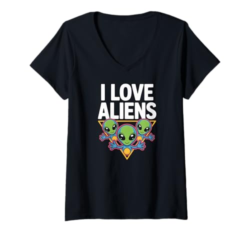 Damen Niedliches Cartoon-Design I Love Aliens T-Shirt mit V-Ausschnitt Damen Niedliches Cartoon-Design I Love Aliens T-Shirt mit V-Ausschnitt von Extraterrestrial Enthusiast Cosmic Fans