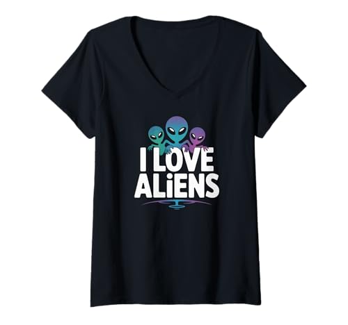 Damen Ich Liebe Aliens Outer Space Adventure T-Shirt mit V-Ausschnitt Damen Ich Liebe Aliens Outer Space Adventure T-Shirt mit V-Ausschnitt von Extraterrestrial Enthusiast Universe Exploration