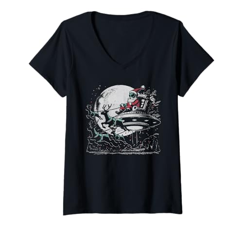 Damen Alien Santa in UFO mit Rentier - Weihnachten Sci-Fi T-Shirt mit V-Ausschnitt Damen Alien Santa in UFO mit Rentier - Weihnachten Sci-Fi T-Shirt mit V-Ausschnitt von Extraterrestrial Holiday