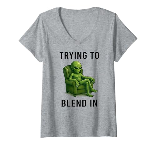 Damen Trying to Blend In - Funny ET Alien in Sessel Antisocial T-Shirt mit V-Ausschnitt Damen Trying to Blend In - Funny ET Alien in Sessel Antisocial T-Shirt mit V-Ausschnitt von Extratrerrestrial UAP UFO Humor