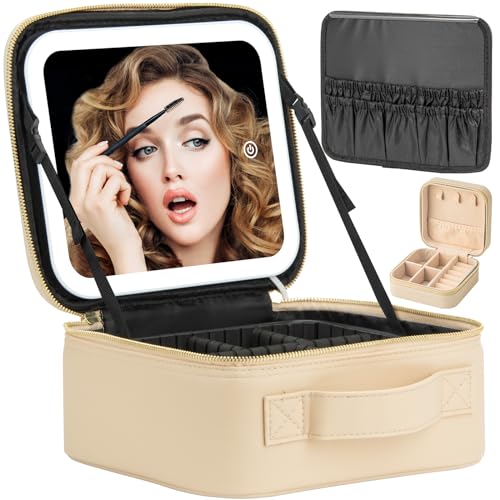 Extrei Gent Make-up-Tasche mit Spiegel, LED-Licht, 3 einstellbare Helligkeiten, tragbare Aufbewahrung, verstellbare Trennwand, wasserdicht, Make-up-Pinsel, Make-up, Schmuck, Geschenk für Damen, Beige, von Extrei Gent