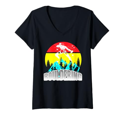 Damen Bouldern Kraft Sonnenuntergang Kletter Szene T-Shirt mit V-Ausschnitt Damen Bouldern Kraft Sonnenuntergang Kletter Szene T-Shirt mit V-Ausschnitt von Extreme Kletterer Wald Outdoor Motiv
