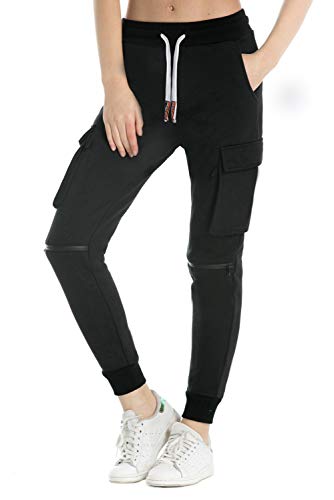 Extreme Pop Damen Jogginghose aus Reiner Baumwolle Slim Fit Jogger French Terry Knit Cargo Pants Farben Schwarz Grau Blau XS-XXL (XS, Black) von Extreme Pop