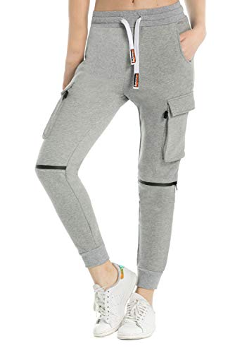 Extreme Pop Damen Jogginghose aus Reiner Baumwolle Slim Fit Jogger French Terry Knit Cargo Pants Farben Schwarz Grau Blau XS-XXL (XS, Grey) von Extreme Pop