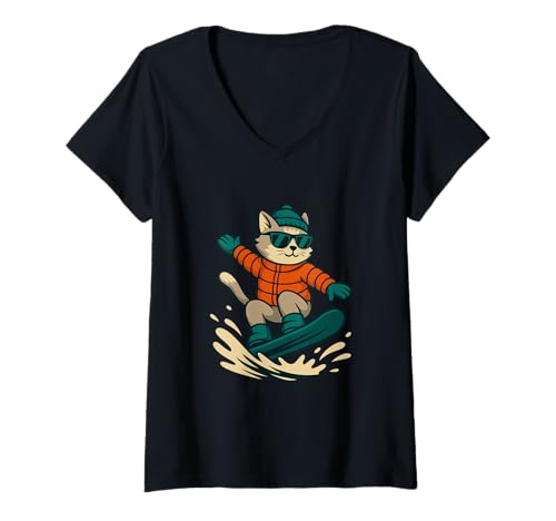 Damen Coole Katze Snowboarden Wintersport Grafik T-Shirt mit V-Ausschnitt von Extreme Winter Fun and Sports Wear