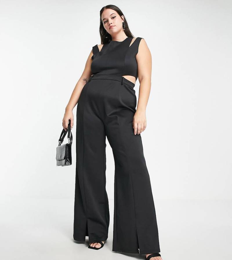 Extro & Vert Plus - Eleganter Jumpsuit in Schwarz mit weitem Bein und Cut-out von Extro & Vert Plus
