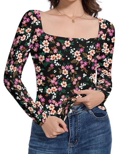 Eyanse Oberteil mit quadratischem Ausschnitt für Damen, gerippt, langärmelig, sexy, niedlich, trendiges Oberteil, Schwarz, floral, Groß Eyanse Oberteil mit quadratischem Ausschnitt für Damen, gerippt, langärmelig, sexy, niedlich, trendiges Oberteil, Schwarz, floral, Groß von Eyanse