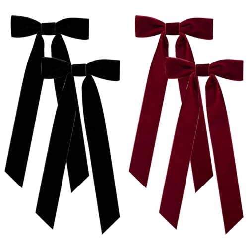 4pcs Haare Bogen Samt Haare Bogen Samt Bogen Haare Clip Rot und Schwarz Haar Bogen Vintage Satin Bowknot Haarnadeln mit langer Bandbonhaar Barrettes Haarzubehör für Frauen Girls Geschenke von Eyccier