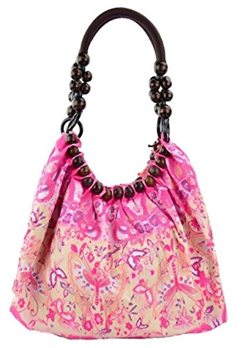Eye Catch - Belladonna Damen Schultertasche mehrfarbiges Muster gerafft mit Perlen pink von Eye Catch