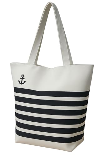 Eye Catch Canvas Shopper Tasche Damen – Faltbare Reißverschluss Einkaufstasche mit Aufdruck – Wiederverwendbare Tragetasche mit Grafik, Slogan, Panda, Paris Design (Anker Streifen, 1) von Eye Catch