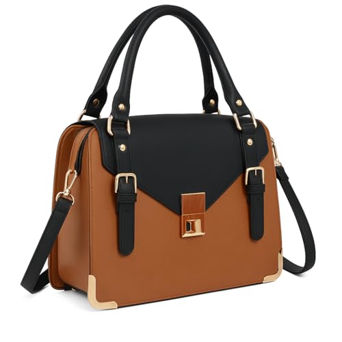 Eye Catch Damen PU Satchel Handtasche – Strukturierte Schulter‑ & Crossbody‑Tote mit Twist‑Lock & Buckle‑Flap, Quaste & Gold Beschläge, Zweifarbig Design von Eye Catch