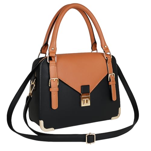 Eye Catch Damen PU Satchel Handtasche – Strukturierte Schulter‑ & Crossbody‑Tote mit Twist‑Lock & Buckle‑Flap, Quaste & Gold Beschläge, Zweifarbig Design von Eye Catch