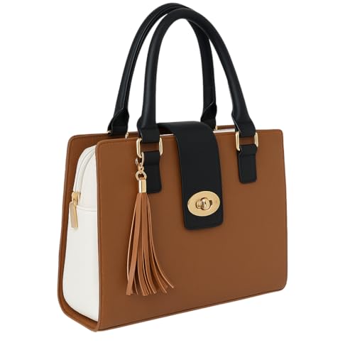 Eye Catch Damen PU Satchel Handtasche – Strukturierte Schulter‑ & Crossbody‑Tote mit Twist‑Lock & Buckle‑Flap, Quaste & Gold Beschläge, Zweifarbig Design von Eye Catch