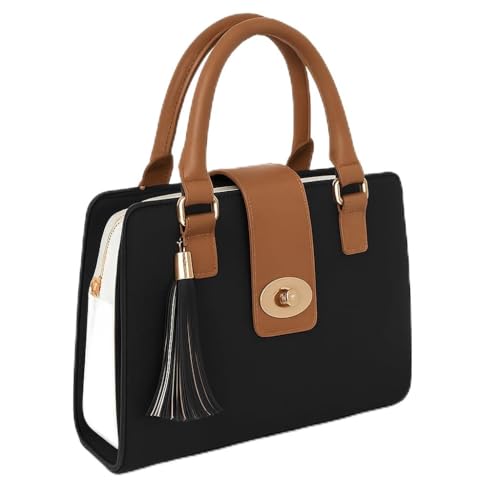 Eye Catch Damen PU Satchel Handtasche – Strukturierte Schulter‑ & Crossbody‑Tote mit Twist‑Lock & Buckle‑Flap, Quaste & Gold Beschläge, Zweifarbig Design von Eye Catch