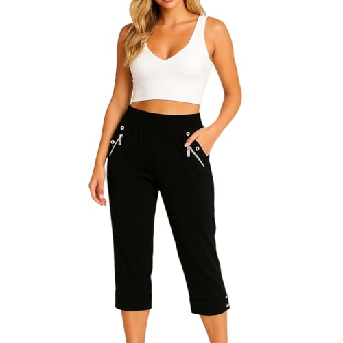 Eye Catch Damen Stretch Caprihose in Schwarz – Pull-On mit Elastikbund & Reißverschlusstaschen – Leichte Sommer-3/4-Hose von Eye Catch