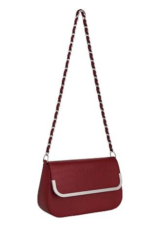 Eye Catch Faux Leder Schultertasche mit Stepp oder Krokoprägung, Patent Look, Kettenriemen & Magnetklappe – Crossbody/Schultertasche (Stye 2 Red) von Eye Catch