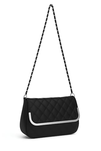 Eye Catch Faux Leder Schultertasche mit Stepp oder Krokoprägung, Patent Look, Kettenriemen & Magnetklappe – Crossbody/Schultertasche (Style 1 Black) von Eye Catch